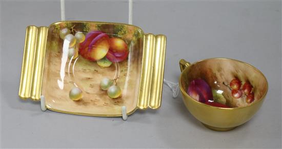 A Royal Worcester fruit-painted coffee cup and saucer, by H. Ayrton, Art Deco shape